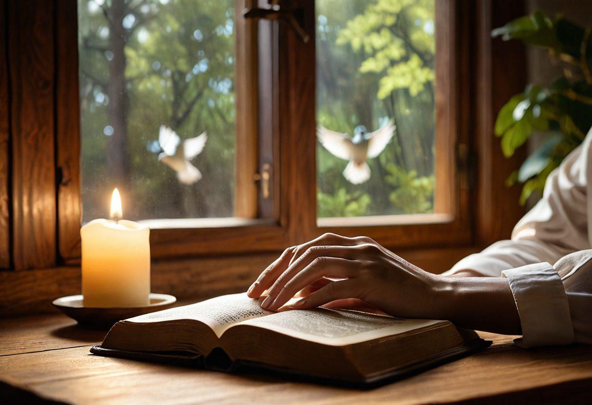 A serene setting with an open Bible and a person's hands clasped in prayer, glowing light illuminating the scene symbolizing divine presence. Soft, golden rays breaking through a window or gently glowing candles, emphasizing peace and spiritual connection. The background shows a cozy, inviting room with subtle religious symbols like a cross or dove. super-realistic. warm colors. tranquil ambiance.
