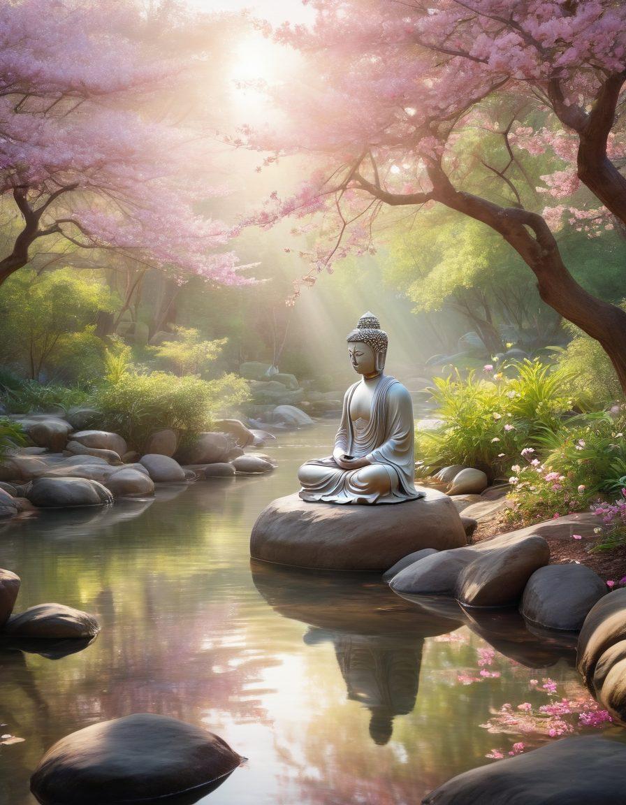 A serene Zen garden with a flowing stream, large tranquil Buddha statue, and colorful lotus flowers. A person meditating under a blooming cherry blossom tree with rays of morning sunlight illuminating the scene. Subtle mystical aura in the air, creating a sense of peace and inspiration. watercolor painting. ethereal light. soft pastel colors.