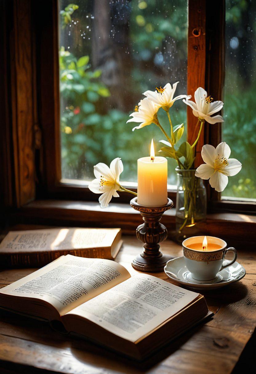 A serene morning scene with an open book of devotionals on a rustic wooden table, a lit candle casting a warm glow, and a steaming cup of tea. Gentle sunlight filters through a nearby window, illuminating delicate flowers in a vase, suggesting tranquility and reflection. super-realistic. soft, warm colors. cozy atmosphere.